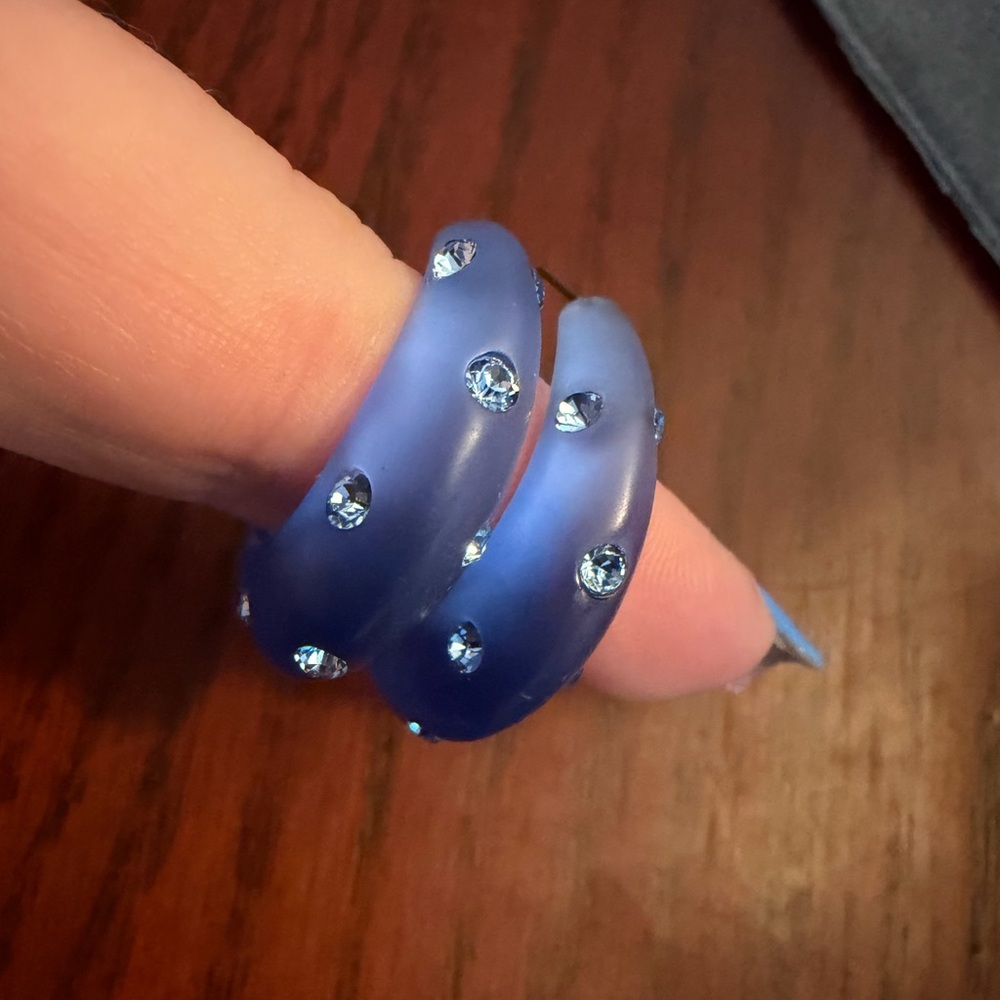 Blue Lucite Hoop Earrings with Swarovski Crystal - Picture 3 of 3